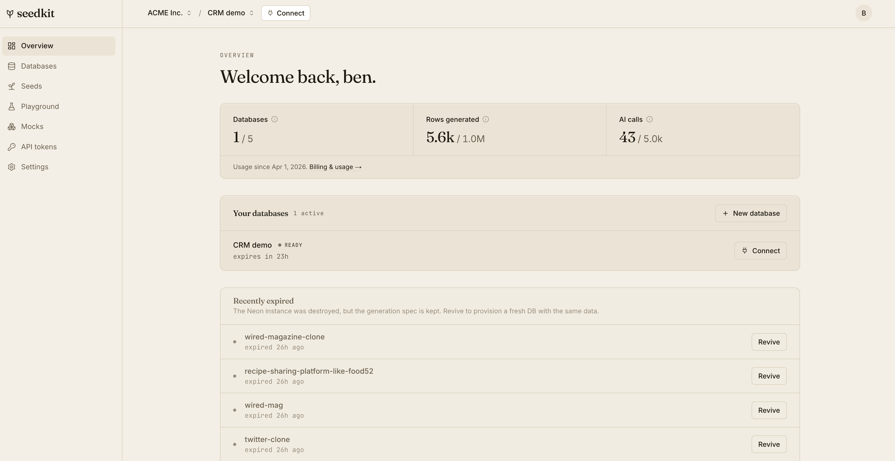 seedkit dashboard showing active databases and usage